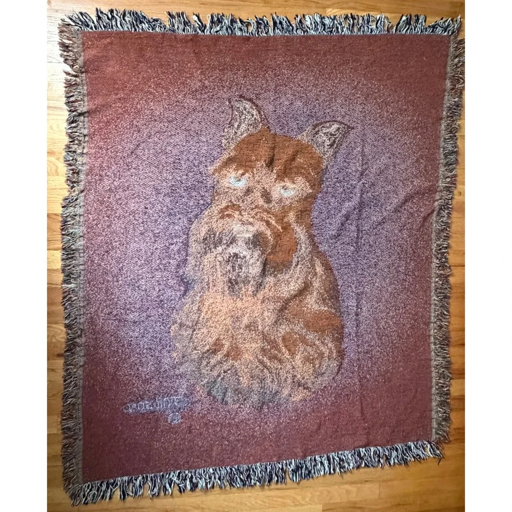 Vintage J Gibson Woven Tapestry Throw Blanket Schnauzer Dog Green Fringed 52x60